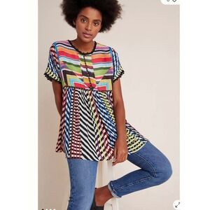 Conditions Apply Kynsa Anthropologie Geometric Striped Crochet Lace Tunic  Large